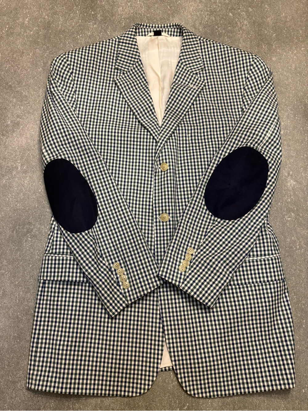 Paul Fredrick Navy, Green, White Gingham Sport Coat Navy Elbow Patches 44 Long